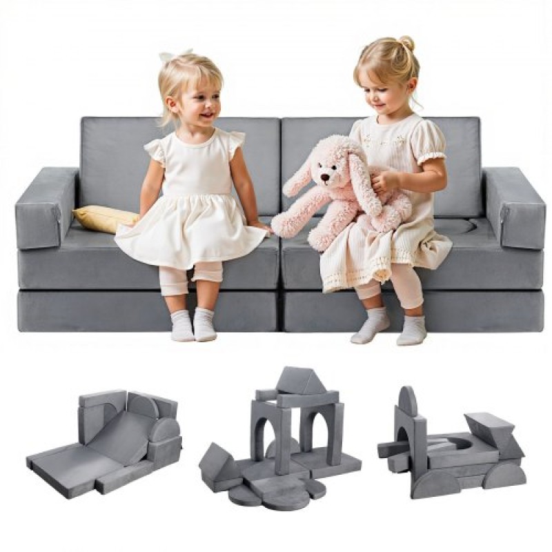 VEVOR Modular παιδικός καναπές παιχνιδιού, τμηματικός παιδικός καναπές με υποβραχιόνια, 28D σφουγγάρι & κοντό πέλος, Convertible παιδικός αρθρωτός καναπές DIY Creative Combination for Playroom, Υπνοδωμάτιο, Σαλόνι, 14 τμχ, Γκρι