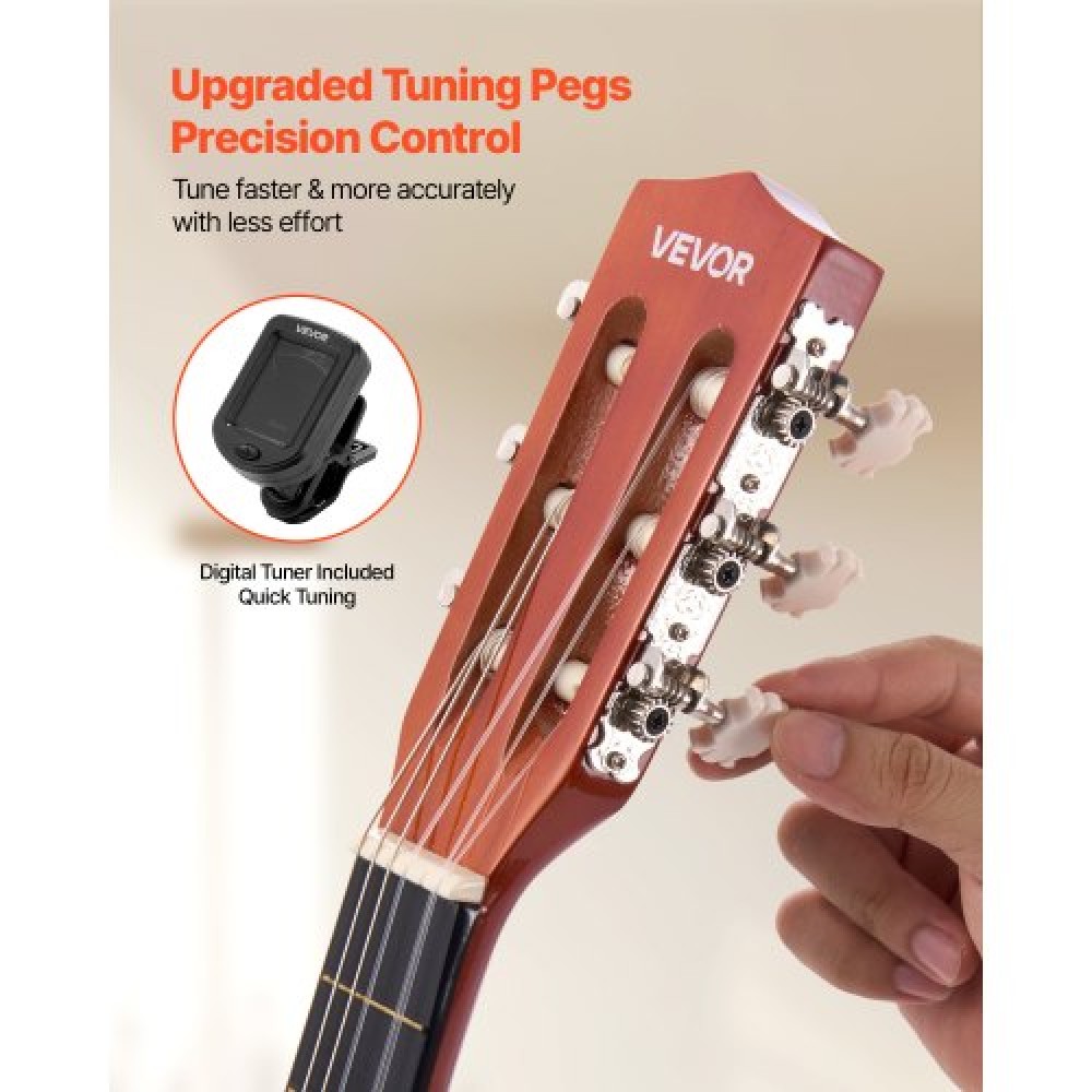 VEVOR Classical Guitar, 780 mm, Wood Classical Guitar Starter Kit for Beginners, with Nylon Strings, Gig Bag, Strap, Tuner, Extra Strings, Picks, Capo, Basswood, for Kids Girls Boys Students, Natural