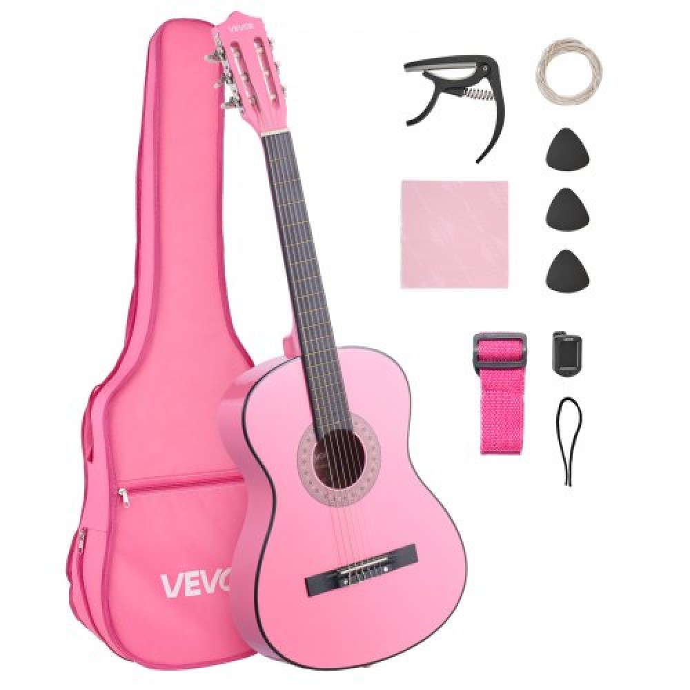 VEVOR Classical Guitar, 960 mm, Wood Classical Guitar Starter Kit for Beginners, with Nylon Strings, Gig Bag, Strap, Tuner, Extra Strings, Picks, Capo, Basswood, for Teenagers Adults Students, Pink