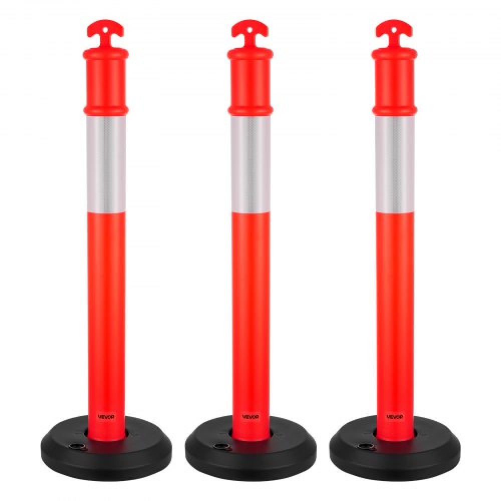 VEVOR 3 Pack Traffic Delineator Posts, 1140 mm Traffic Safety Cones with fillable Base and Refleks strips, Heavy Duty Delineator Stills for Construction, Parking, Crowd Control, Red