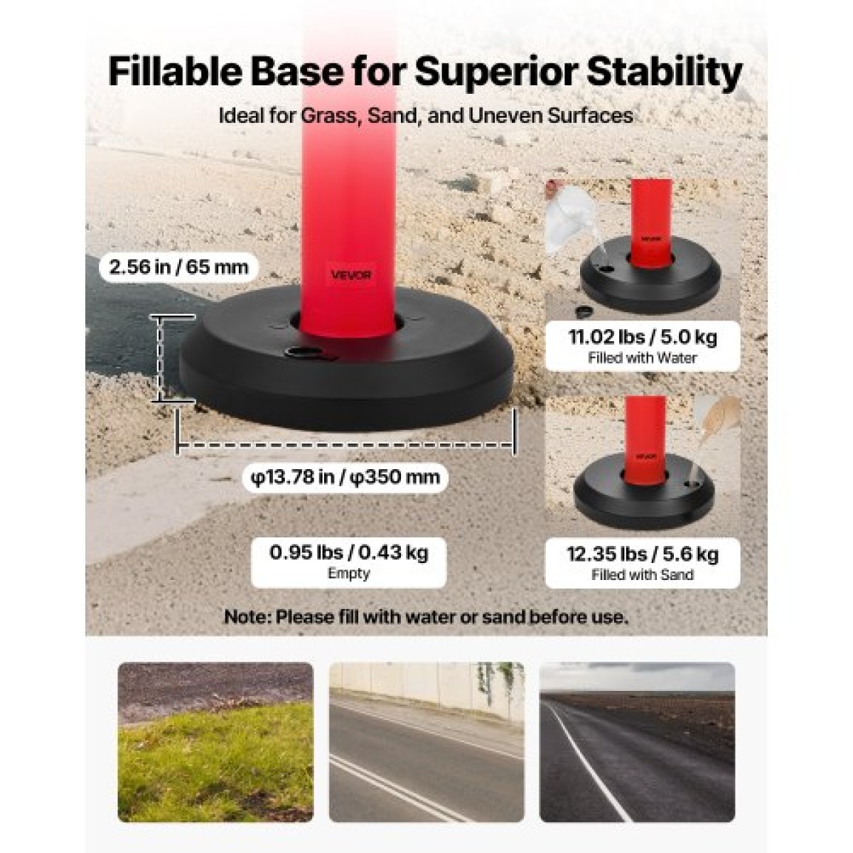 VEVOR 3 Pack Traffic Delineator Posts, 1140 mm Traffic Safety Cones with fillable Base and Refleks strips, Heavy Duty Delineator Stills for Construction, Parking, Crowd Control, Red