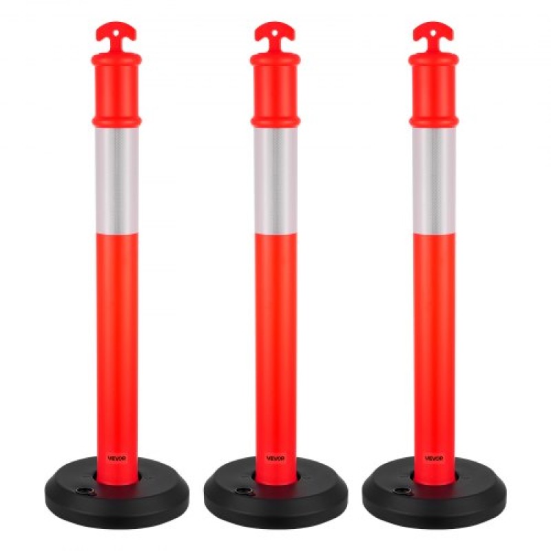 VEVOR 3 Pack Traffic Delineator Posts, 1140 mm Traffic Safety Cones with fillable Base and Refleks strips, Heavy Duty Delineator Stills for Construction, Parking, Crowd Control, Red
