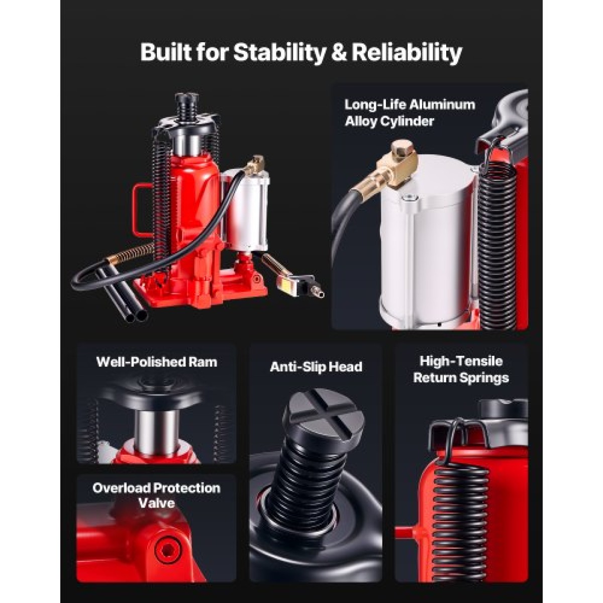 VEVOR Air Hydraulic Bottle Jack, χωρητικότητα φορτίου 20 τόννων, εύρος ανύψωσης 260-495 mm, πνευματικός/χειροκίνητος συγκολλημένος γρύλος φιάλης βαρέως τύπου με αντλία για αυτοκίνητο, Pickup, Truck, RV, SUV, Auto Repair, House Lift, Κόκκινο