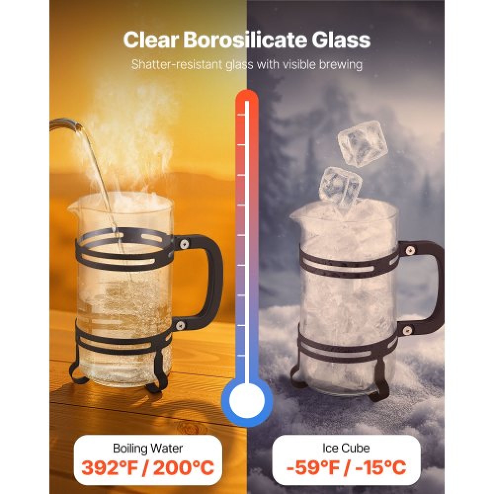 VEVOR French Press Coffee Maker 1L Borosilicate Glass Coffee Tea Press Silver