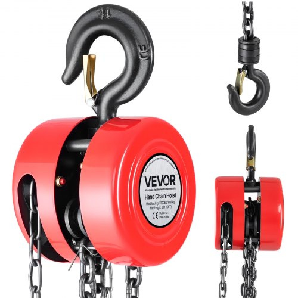 VEVOR Hand Chain Hoist, 1 Ton Capacity, Manual Chain Block with Upgrade G70 Galvanized Chain, 3 m Lifting Height, Heavy Duty Pulley Hoist for Garage Warehouse Automotive Machinery, Red