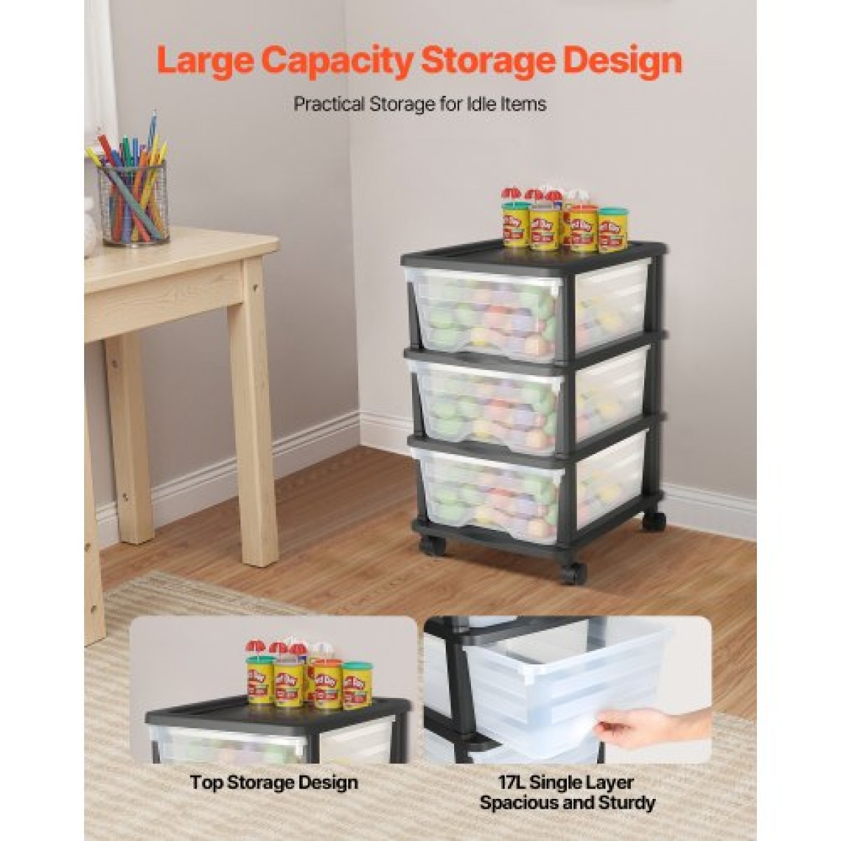 VEVOR Plastic Storage Drawers Cart, 3 Drawers Storage Organizer με ρόδες, Rolling Closet Organizer and Storage Dividers, Dresser Organizer Clear Bins για είδη γραφείου, Αίθουσες χειροτεχνίας, αίθουσες διδασκαλίας