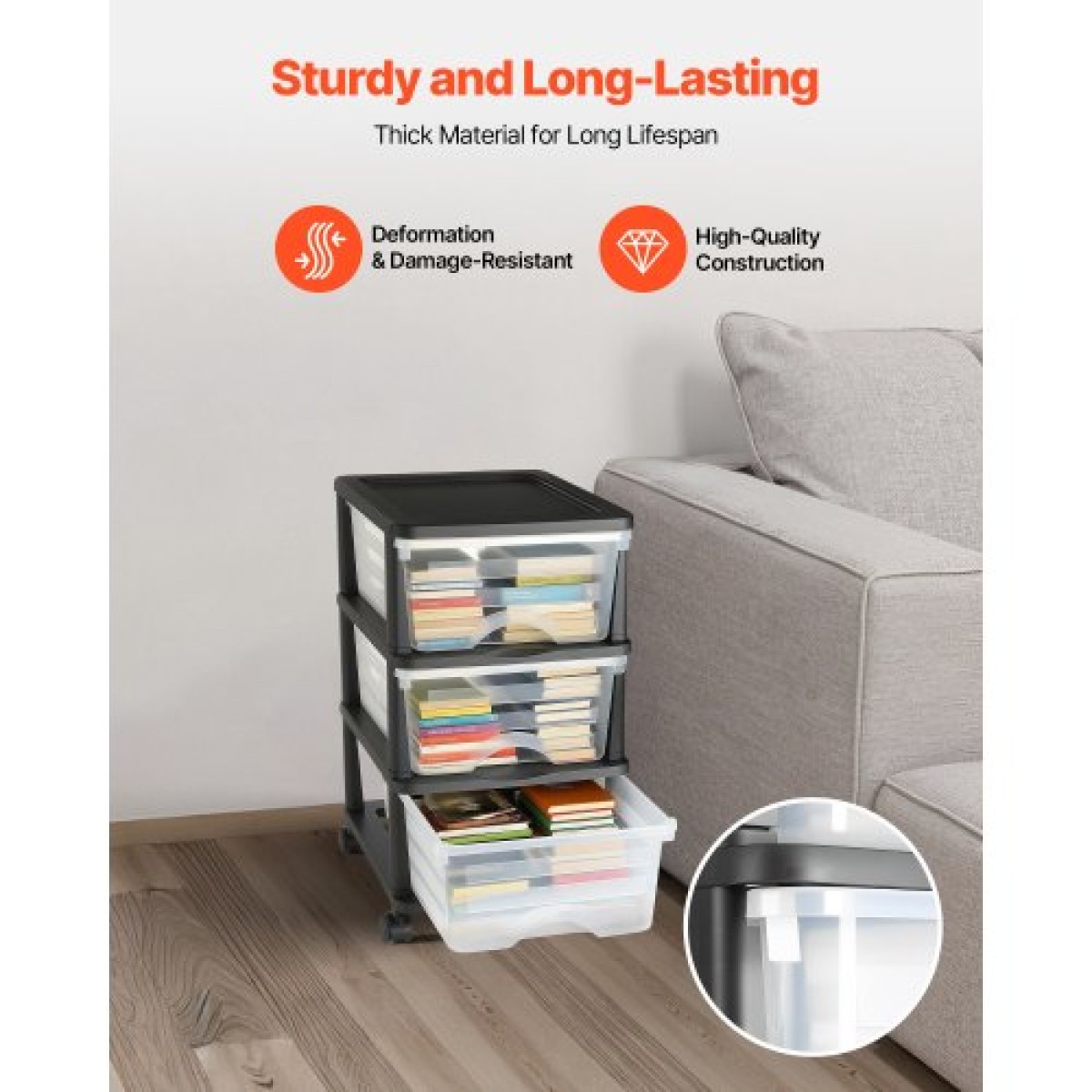 VEVOR Plastic Storage Drawers Cart, 3 Drawers Storage Organizer με ρόδες, Rolling Closet Organizer and Storage Dividers, Dresser Organizer Clear Bins για είδη γραφείου, Αίθουσες χειροτεχνίας, αίθουσες διδασκαλίας
