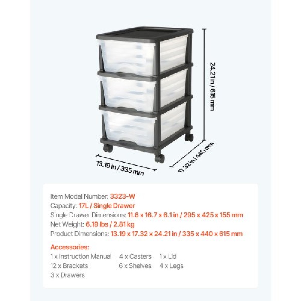 VEVOR Plastic Storage Drawers Cart, 3 Drawers Storage Organizer με ρόδες, Rolling Closet Organizer and Storage Dividers, Dresser Organizer Clear Bins για είδη γραφείου, Αίθουσες χειροτεχνίας, αίθουσες διδασκαλίας