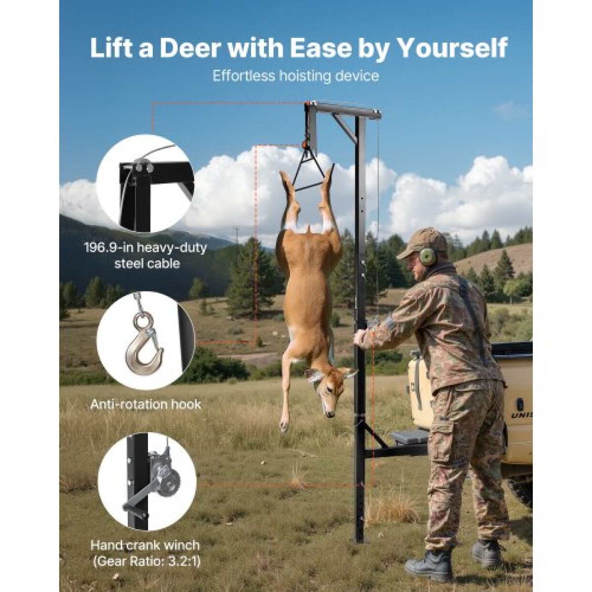 Βαρούλκο παιχνιδιών VEVOR Truck Hitch, χωρητικότητα φόρτωσης 400 λίβρες, Ανυψωτήρας κυνηγιού ελαφιού με δέκτη 2 ιντσών, άξονας περιστροφής 360 μοιρών και ρυθμιζόμενο ύψος, περιλαμβάνει βαρούλκο Gambrel για παιχνίδι απολέπισης και καθαρισμού