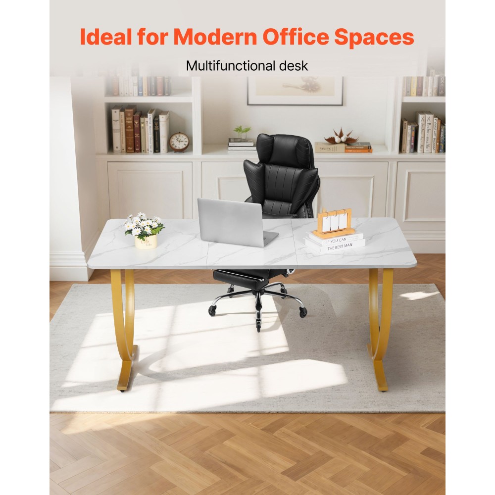 VEVOR Executive Desk, 160 cm Π x 80 cm D Μεγάλο Γραφείο, Μοντέρνο Τραπέζι Υπολογιστών Τραπέζι Συνεδριάσεων, Επαγγελματικά Έπιπλα Μεγέθυνση Επιτραπέζιου Γραφείου, Λευκό και Χρυσό