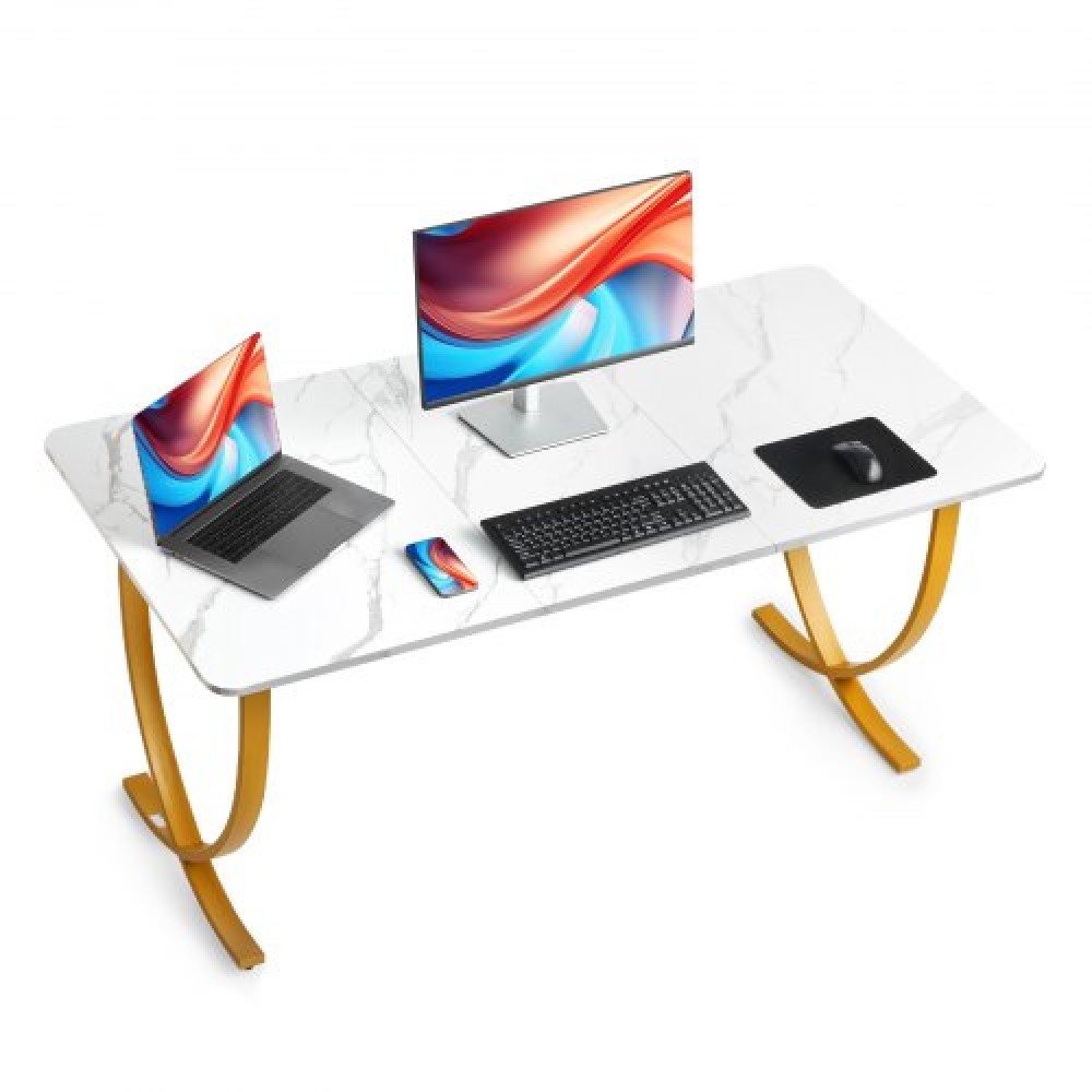 VEVOR Executive Desk, 160 cm Π x 80 cm D Μεγάλο Γραφείο, Μοντέρνο Τραπέζι Υπολογιστών Τραπέζι Συνεδριάσεων, Επαγγελματικά Έπιπλα Μεγέθυνση Επιτραπέζιου Γραφείου, Λευκό και Χρυσό