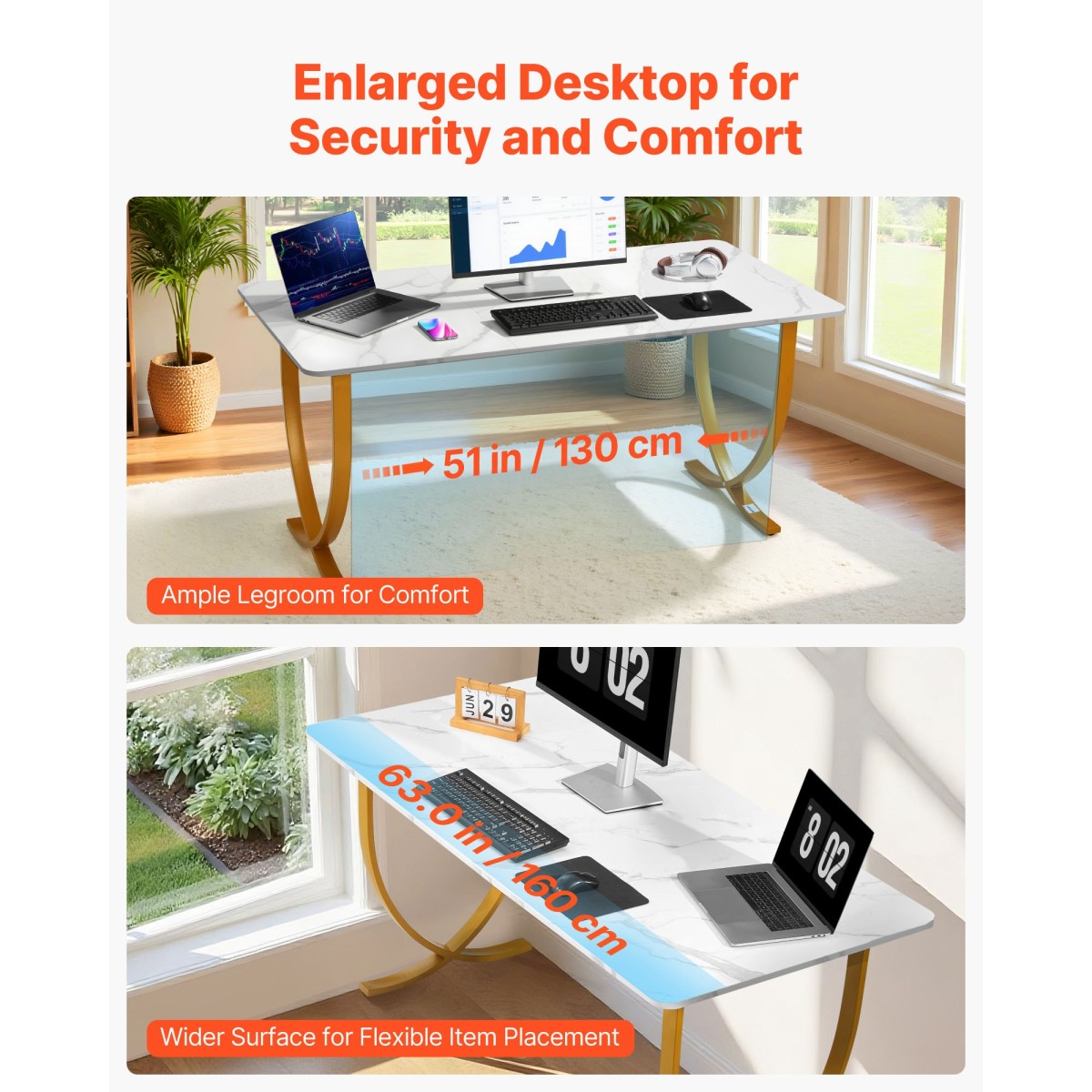 VEVOR Executive Desk, 160 cm Π x 80 cm D Μεγάλο Γραφείο, Μοντέρνο Τραπέζι Υπολογιστών Τραπέζι Συνεδριάσεων, Επαγγελματικά Έπιπλα Μεγέθυνση Επιτραπέζιου Γραφείου, Λευκό και Χρυσό