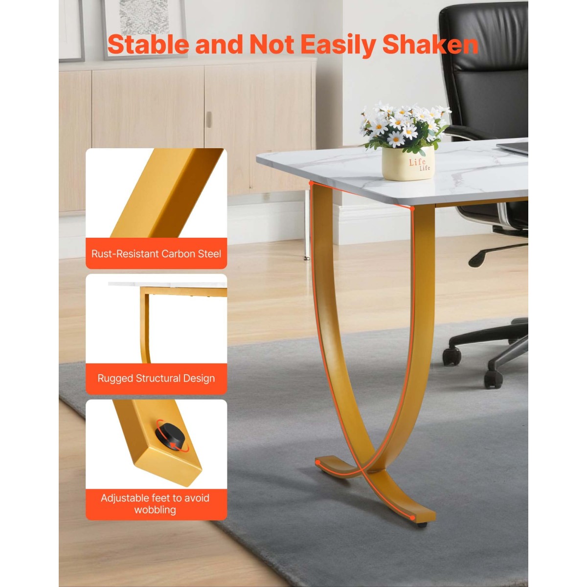 VEVOR Executive Desk, 160 cm Π x 80 cm D Μεγάλο Γραφείο, Μοντέρνο Τραπέζι Υπολογιστών Τραπέζι Συνεδριάσεων, Επαγγελματικά Έπιπλα Μεγέθυνση Επιτραπέζιου Γραφείου, Λευκό και Χρυσό