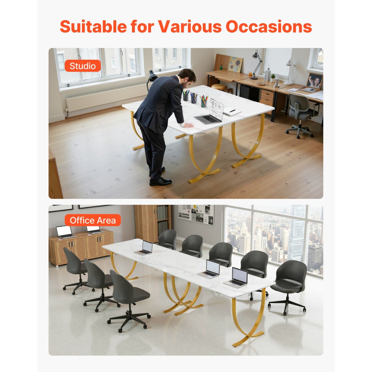 VEVOR Executive Desk, 160 cm Π x 80 cm D Μεγάλο Γραφείο, Μοντέρνο Τραπέζι Υπολογιστών Τραπέζι Συνεδριάσεων, Επαγγελματικά Έπιπλα Μεγέθυνση Επιτραπέζιου Γραφείου, Λευκό και Χρυσό
