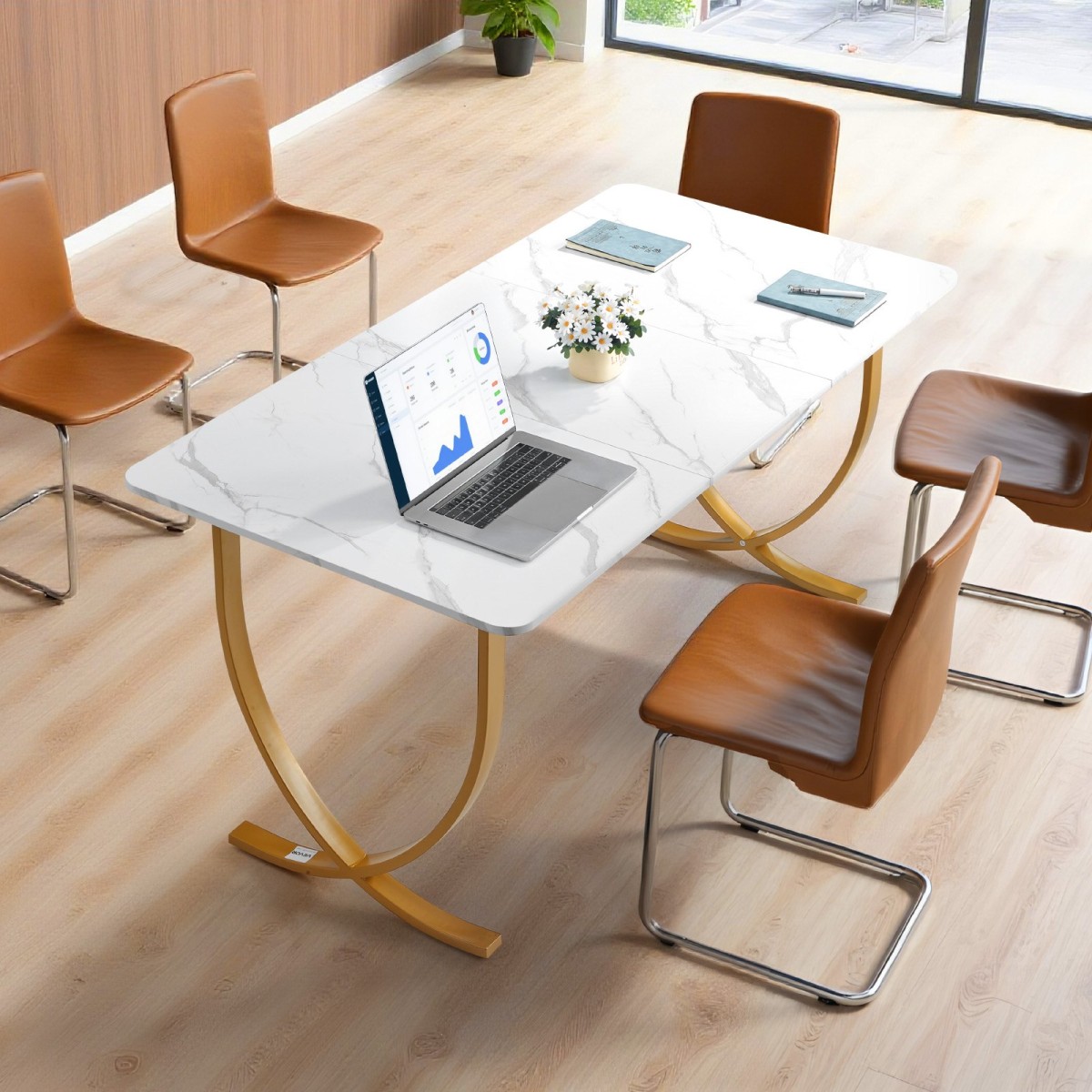 VEVOR Executive Desk, 160 cm Π x 80 cm D Μεγάλο Γραφείο, Μοντέρνο Τραπέζι Υπολογιστών Τραπέζι Συνεδριάσεων, Επαγγελματικά Έπιπλα Μεγέθυνση Επιτραπέζιου Γραφείου, Λευκό και Χρυσό