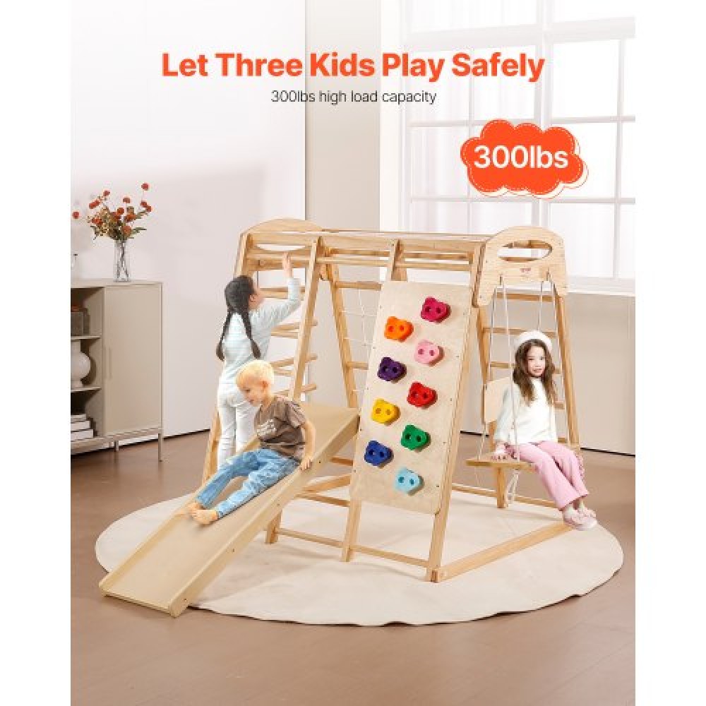 VEVOR Indoor Jungle Gym, 7-in-1 Toddler Indoor Playground, 109 x 120 x 119,5 cm, with Wood and Rope Ladder, Net Ladder, Swing, Monkey Bar, Slide, Climbing Wall, Ξύλινα εσωτερικά παιχνίδια αναρρίχησης για παιδιά
