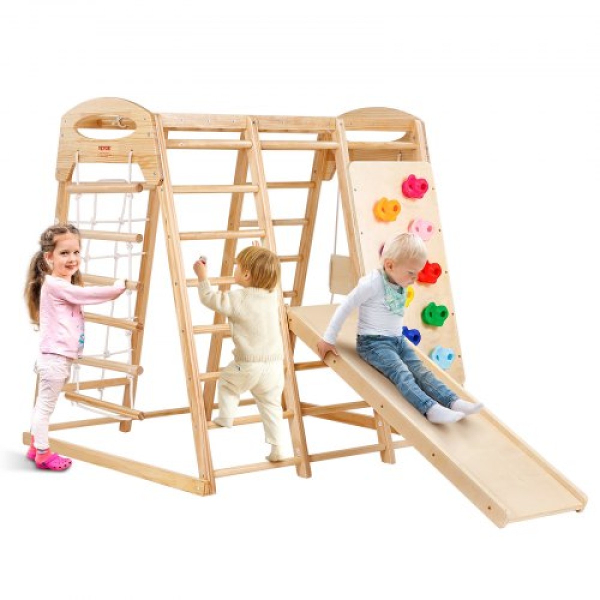 VEVOR Indoor Jungle Gym, 7-in-1 Toddler Indoor Playground, 109 x 120 x 119,5 cm, with Wood and Rope Ladder, Net Ladder, Swing, Monkey Bar, Slide, Climbing Wall, Ξύλινα εσωτερικά παιχνίδια αναρρίχησης για παιδιά