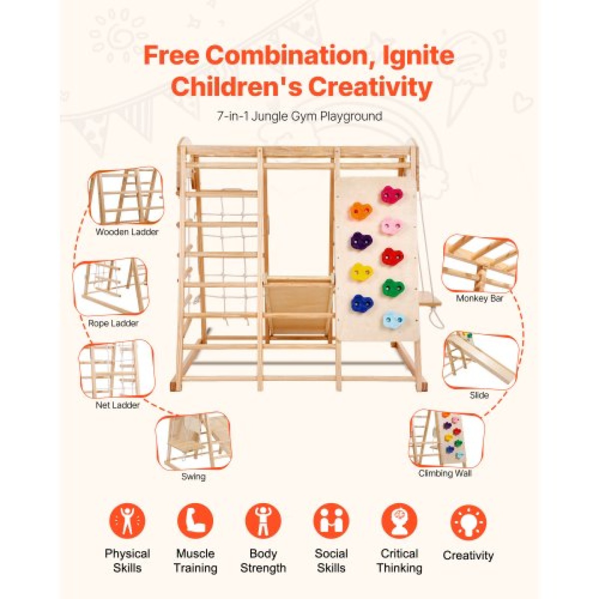 VEVOR Indoor Jungle Gym, 7-in-1 Toddler Indoor Playground, 109 x 120 x 119,5 cm, with Wood and Rope Ladder, Net Ladder, Swing, Monkey Bar, Slide, Climbing Wall, Ξύλινα εσωτερικά παιχνίδια αναρρίχησης για παιδιά