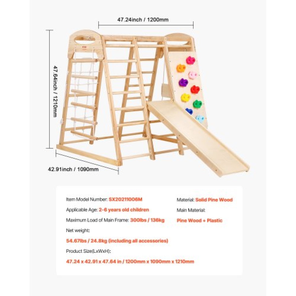 VEVOR Indoor Jungle Gym, 7-in-1 Toddler Indoor Playground, 109 x 120 x 119,5 cm, with Wood and Rope Ladder, Net Ladder, Swing, Monkey Bar, Slide, Climbing Wall, Ξύλινα εσωτερικά παιχνίδια αναρρίχησης για παιδιά