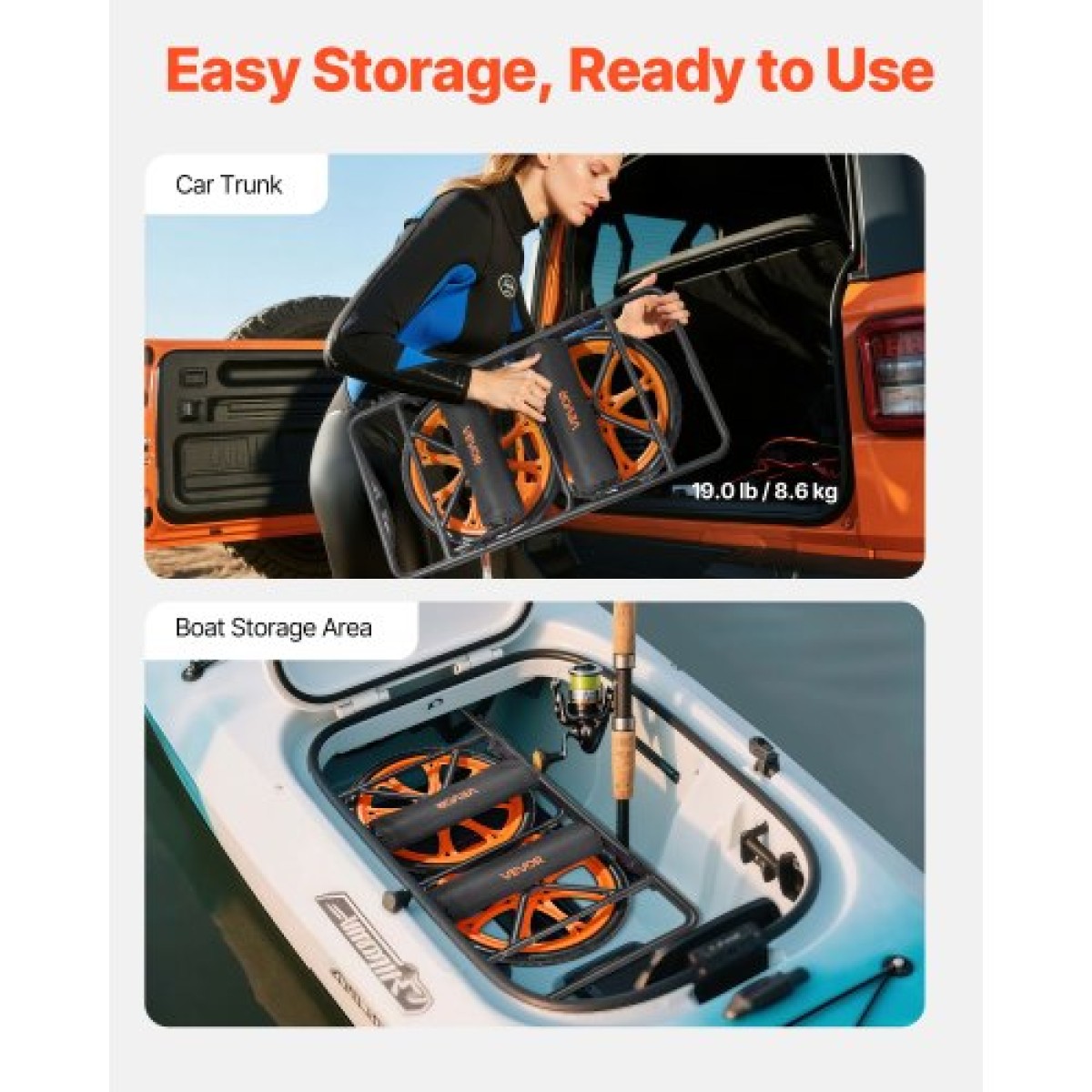 Καρότσι VEVOR Kayak, χωρητικότητα φόρτωσης 149,7 κιλών, καρότσι κανόε Dolly με λάστιχα από συμπαγές καουτσούκ 38,1 cm και βάση στήριξης, συναρμολογείται και αποσυναρμολογείται μέσα σε δευτερόλεπτα, καροτσάκι Paddle Board για καγιάκ, κανό, κουπιά