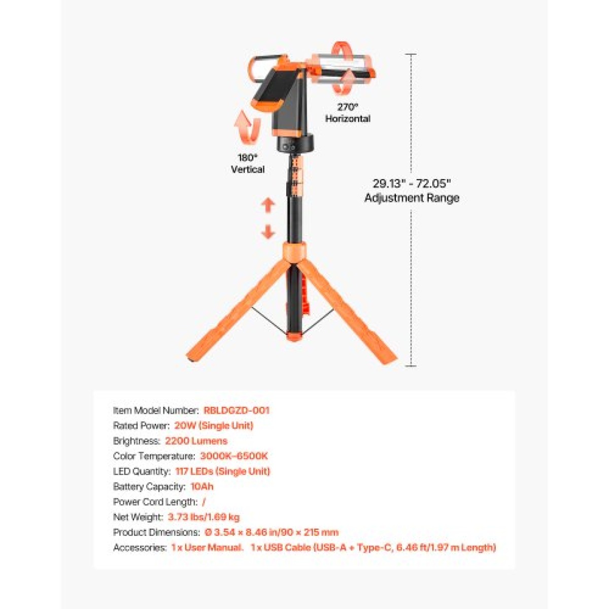 VEVOR LED Φως εργασίας με βάση, 10Ah, Επαναφορτιζόμενο ασύρματο φως κάμπινγκ, με 3 κεφαλές λαμπτήρων, αποσπώμενο τρίποδο βάσης, 2200 Lumens 3000K-6500K με δυνατότητα ρύθμισης, φορητό φωτιστικό κατασκευών για εργοτάξιο