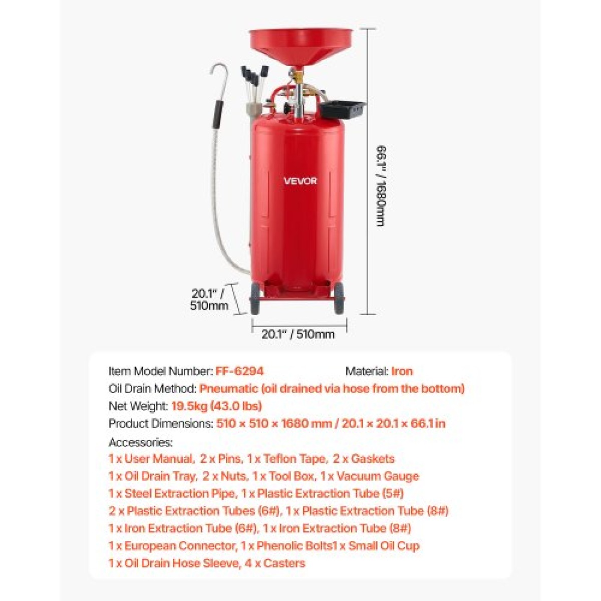 Δεξαμενή αποστράγγισης απορριμμάτων VEVOR 79,5L, Φορητό αποστραγγιστικό λαδιού που λειτουργεί με αέρα με ρυθμιζόμενο ύψος χοάνης, βιομηχανικό δοχείο αποστράγγισης υγρών με τροχούς, αποστράγγιση μεταφοράς καυσίμου υγρού για συνεργεία αυτοκινήτων, κόκκινο