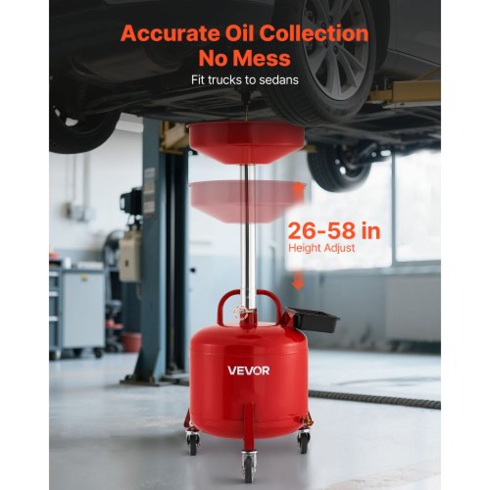Δεξαμενή αποστράγγισης απορριμμάτων VEVOR 30L, Βιομηχανική δεξαμενή αποστράγγισης υγρών με ρυθμιζόμενο ύψος χοάνης, φορητή αποστράγγιση λαδιού με ρόδες & εργαλειοθήκη, αποστράγγιση μεταφοράς καυσίμου υγρού για συνεργεία αυτοκινήτων, κόκκινο