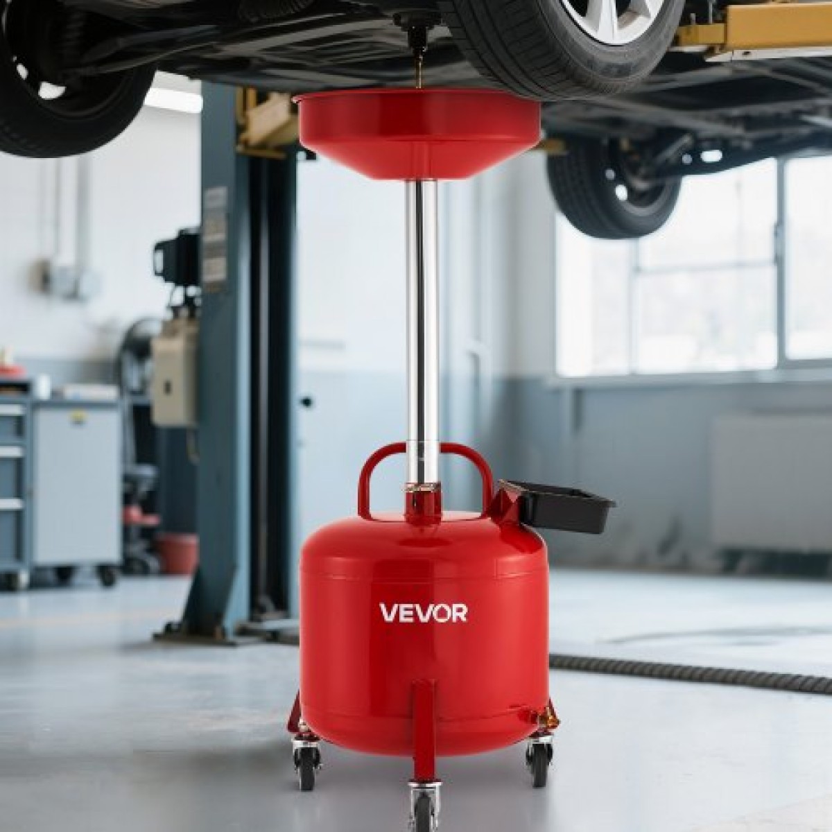 Δεξαμενή αποστράγγισης απορριμμάτων VEVOR 30L, Βιομηχανική δεξαμενή αποστράγγισης υγρών με ρυθμιζόμενο ύψος χοάνης, φορητή αποστράγγιση λαδιού με ρόδες & εργαλειοθήκη, αποστράγγιση μεταφοράς καυσίμου υγρού για συνεργεία αυτοκινήτων, κόκκινο