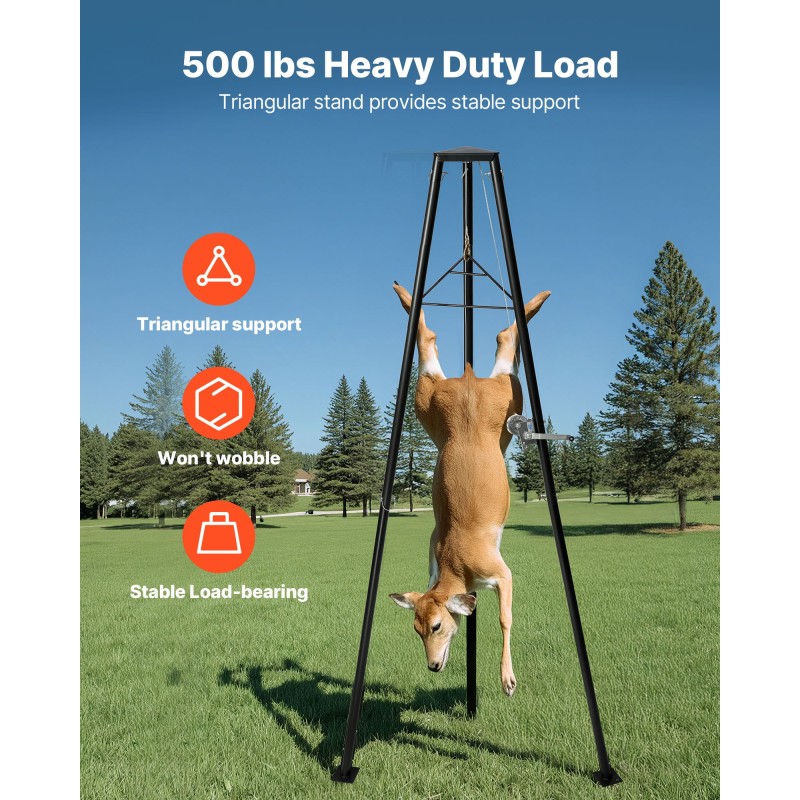 VEVOR Tripod Deer Hoist, χωρητικότητα φόρτωσης 500 lbs, ανυψωτικό βαρούλκο κυνηγιού κυνηγιού με βαρούλκο και χειροκίνητο βαρούλκο, αξεσουάρ καθαρισμού και καθαρισμού κυνηγιού κυνηγιού για καθαρισμό, απολέπιση και κίνηση, μαύρο