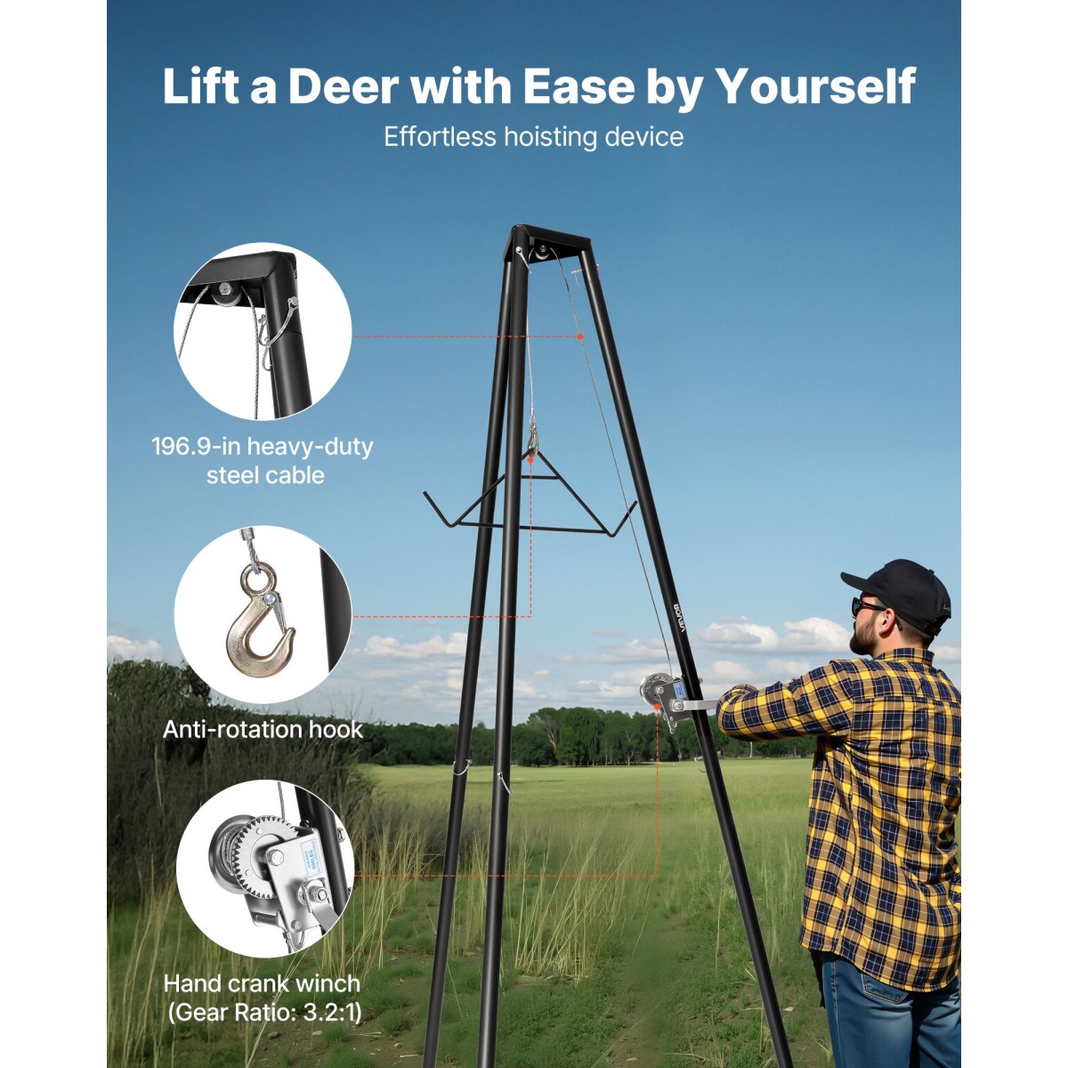 VEVOR Tripod Deer Hoist, χωρητικότητα φόρτωσης 500 lbs, ανυψωτικό βαρούλκο κυνηγιού κυνηγιού με βαρούλκο και χειροκίνητο βαρούλκο, αξεσουάρ καθαρισμού και καθαρισμού κυνηγιού κυνηγιού για καθαρισμό, απολέπιση και κίνηση, μαύρο
