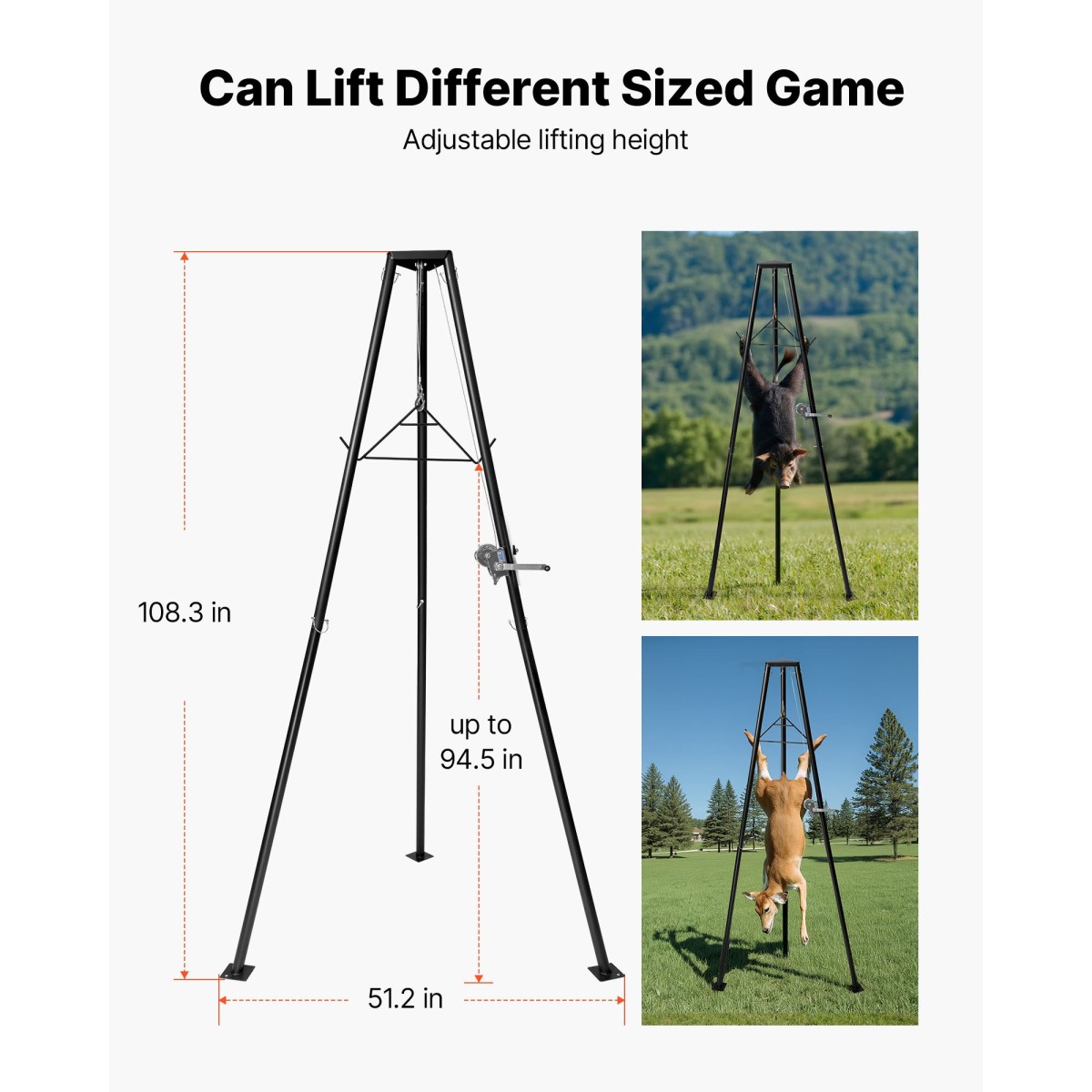 VEVOR Tripod Deer Hoist, χωρητικότητα φόρτωσης 500 lbs, ανυψωτικό βαρούλκο κυνηγιού κυνηγιού με βαρούλκο και χειροκίνητο βαρούλκο, αξεσουάρ καθαρισμού και καθαρισμού κυνηγιού κυνηγιού για καθαρισμό, απολέπιση και κίνηση, μαύρο