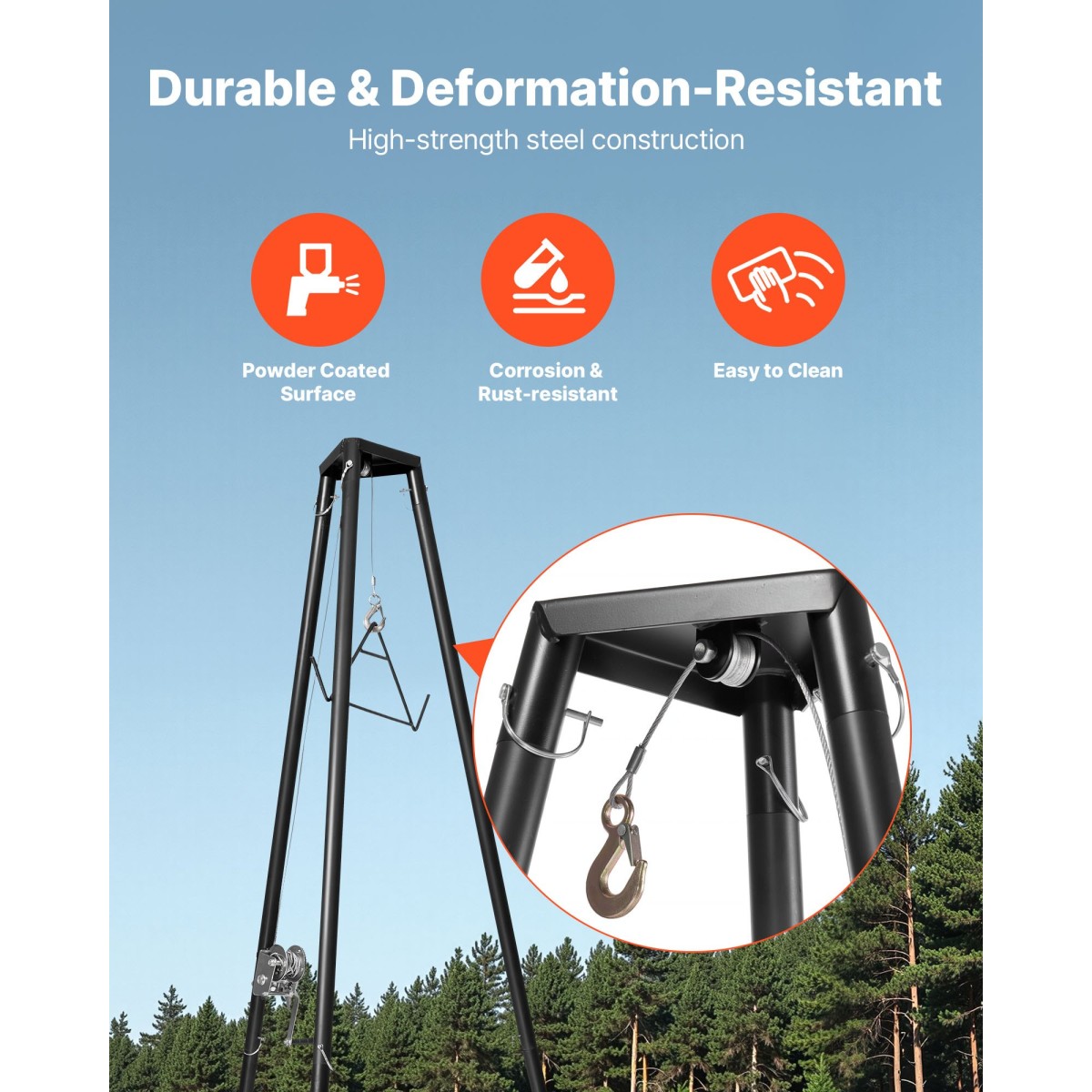 VEVOR Tripod Deer Hoist, χωρητικότητα φόρτωσης 500 lbs, ανυψωτικό βαρούλκο κυνηγιού κυνηγιού με βαρούλκο και χειροκίνητο βαρούλκο, αξεσουάρ καθαρισμού και καθαρισμού κυνηγιού κυνηγιού για καθαρισμό, απολέπιση και κίνηση, μαύρο