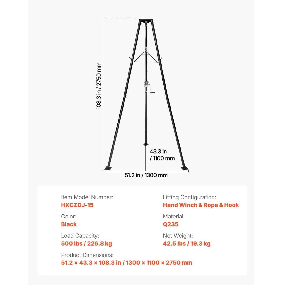 VEVOR Tripod Deer Hoist, χωρητικότητα φόρτωσης 500 lbs, ανυψωτικό βαρούλκο κυνηγιού κυνηγιού με βαρούλκο και χειροκίνητο βαρούλκο, αξεσουάρ καθαρισμού και καθαρισμού κυνηγιού κυνηγιού για καθαρισμό, απολέπιση και κίνηση, μαύρο