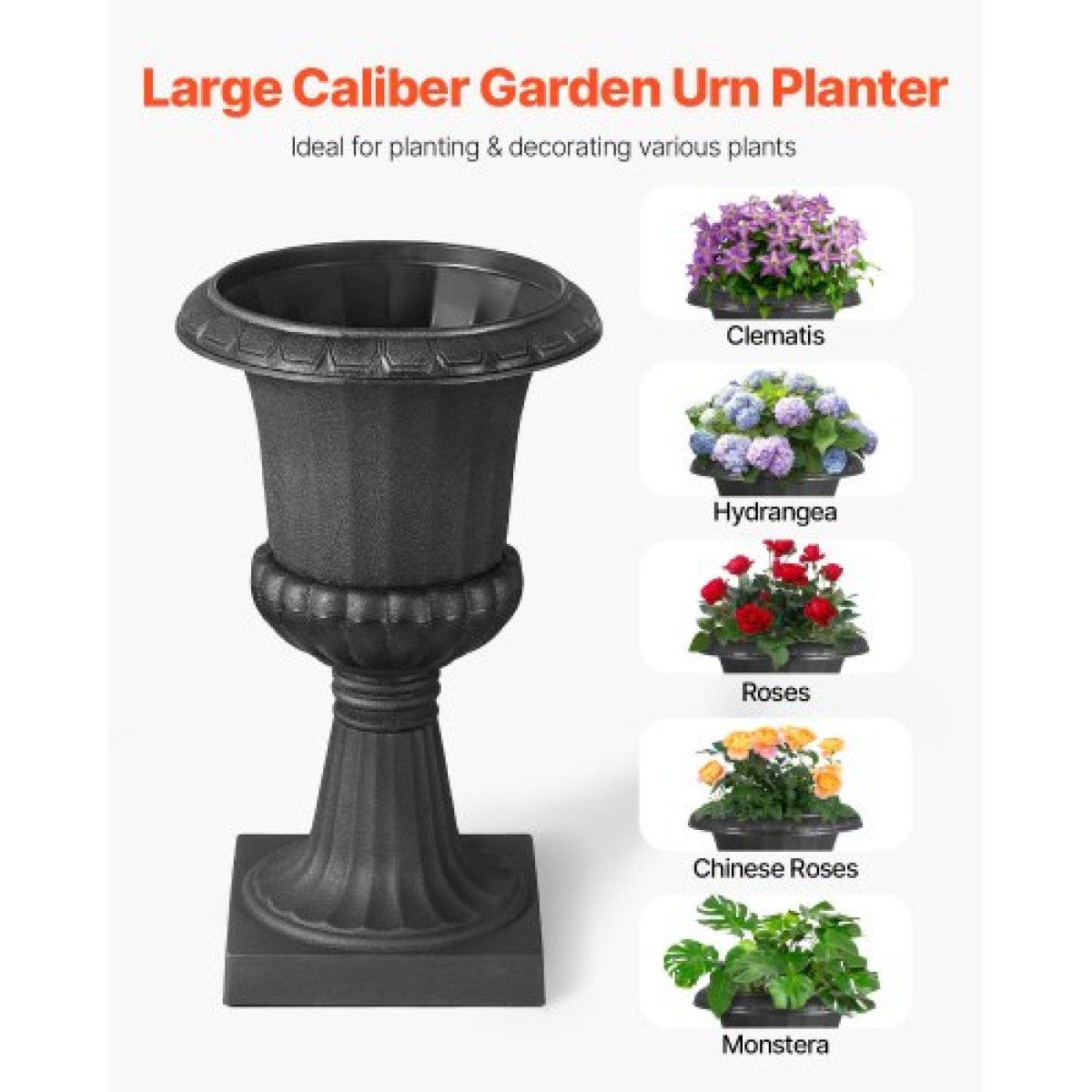 VEVOR Plastic Urn Planters, 25 x 42 cm, 2 Pack Μαύρες Κλασικές Γλάστρες Ζαρντινιέρες Μπροστινής Βεράντας, Εσωτερικό & Εξωτερικό Βάζο για Γάμο, Πάρτι, Εκδήλωση, Σπίτι, Σκηνή, Κήπο, Μπαλκόνι, Διακόσμηση βεράντας