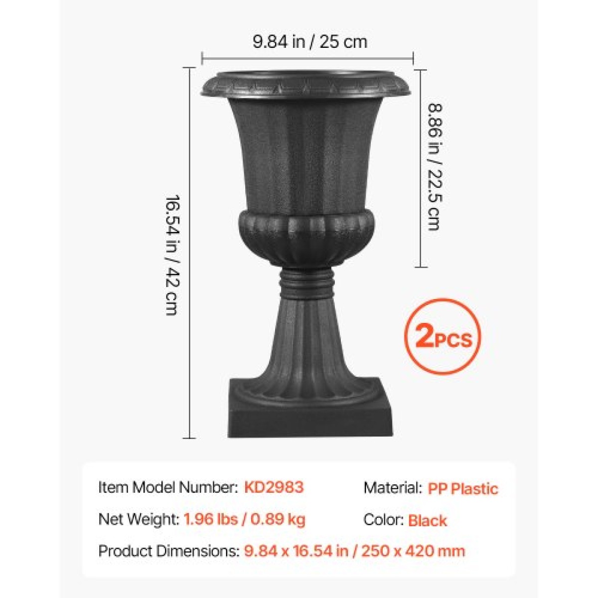 VEVOR Plastic Urn Planters, 25 x 42 cm, 2 Pack Μαύρες Κλασικές Γλάστρες Ζαρντινιέρες Μπροστινής Βεράντας, Εσωτερικό & Εξωτερικό Βάζο για Γάμο, Πάρτι, Εκδήλωση, Σπίτι, Σκηνή, Κήπο, Μπαλκόνι, Διακόσμηση βεράντας