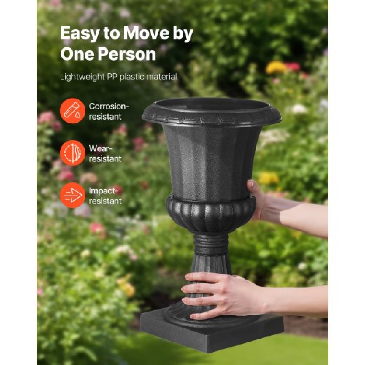 VEVOR Plastic Urn Planters, 25 x 42 cm, 2 Pack Μαύρες Κλασικές Γλάστρες Ζαρντινιέρες Μπροστινής Βεράντας, Εσωτερικό & Εξωτερικό Βάζο για Γάμο, Πάρτι, Εκδήλωση, Σπίτι, Σκηνή, Κήπο, Μπαλκόνι, Διακόσμηση βεράντας