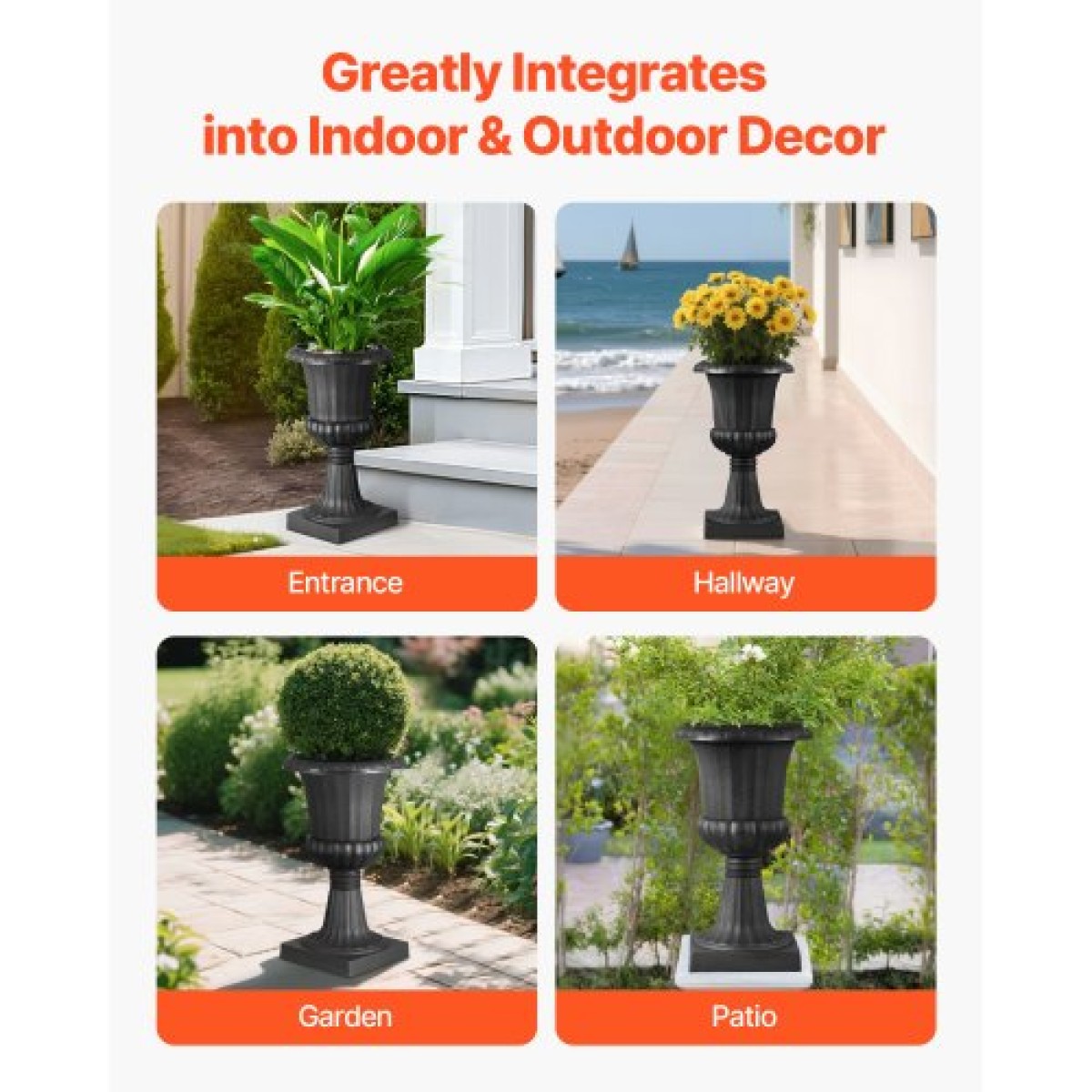 VEVOR Plastic Urn Planters, 25 x 42 cm, 2 Pack Μαύρες Κλασικές Γλάστρες Ζαρντινιέρες Μπροστινής Βεράντας, Εσωτερικό & Εξωτερικό Βάζο για Γάμο, Πάρτι, Εκδήλωση, Σπίτι, Σκηνή, Κήπο, Μπαλκόνι, Διακόσμηση βεράντας