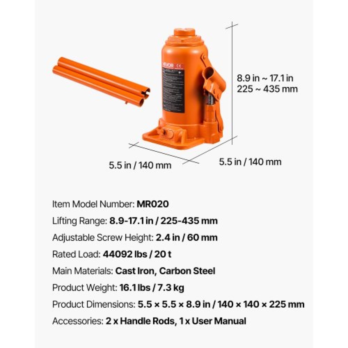 VEVOR Hydraulic Bottle Jack, 20 Ton (44092 lbs) χωρητικότητα φόρτωσης, 225-435 mm εμβέλεια ανύψωσης, βαρέως τύπου συγκολλημένο βύσμα μπουκαλιών για αυτοκίνητο, SUV, Pickup, Auto Repair, House Lift and Agricultural Equipment, Πορτοκαλί