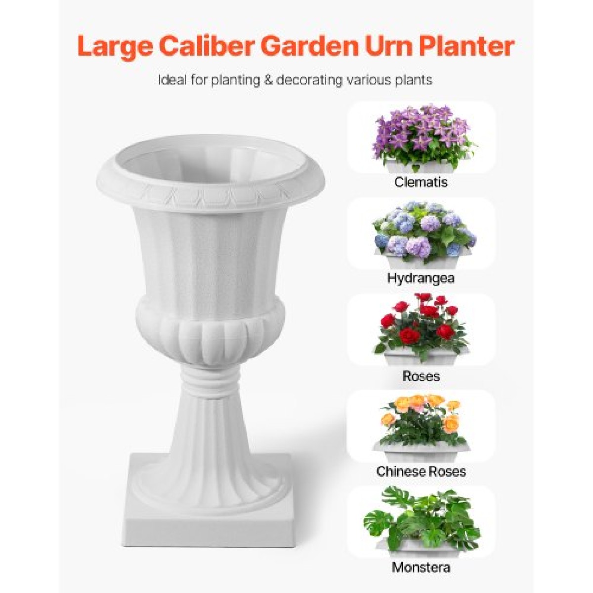 VEVOR Plastic Urn Planters, 25 x 42 cm, 2 Pack Λευκές Κλασικές Γλάστρες Ζαρντινιέρες Μπροστινής Βεράντας, Βάζο Εσωτερικού & Εξωτερικού για Γάμο, Πάρτι, Εκδήλωση, Σπίτι, Σκηνή, Κήπο, Μπαλκόνι, Διακόσμηση βεράντας