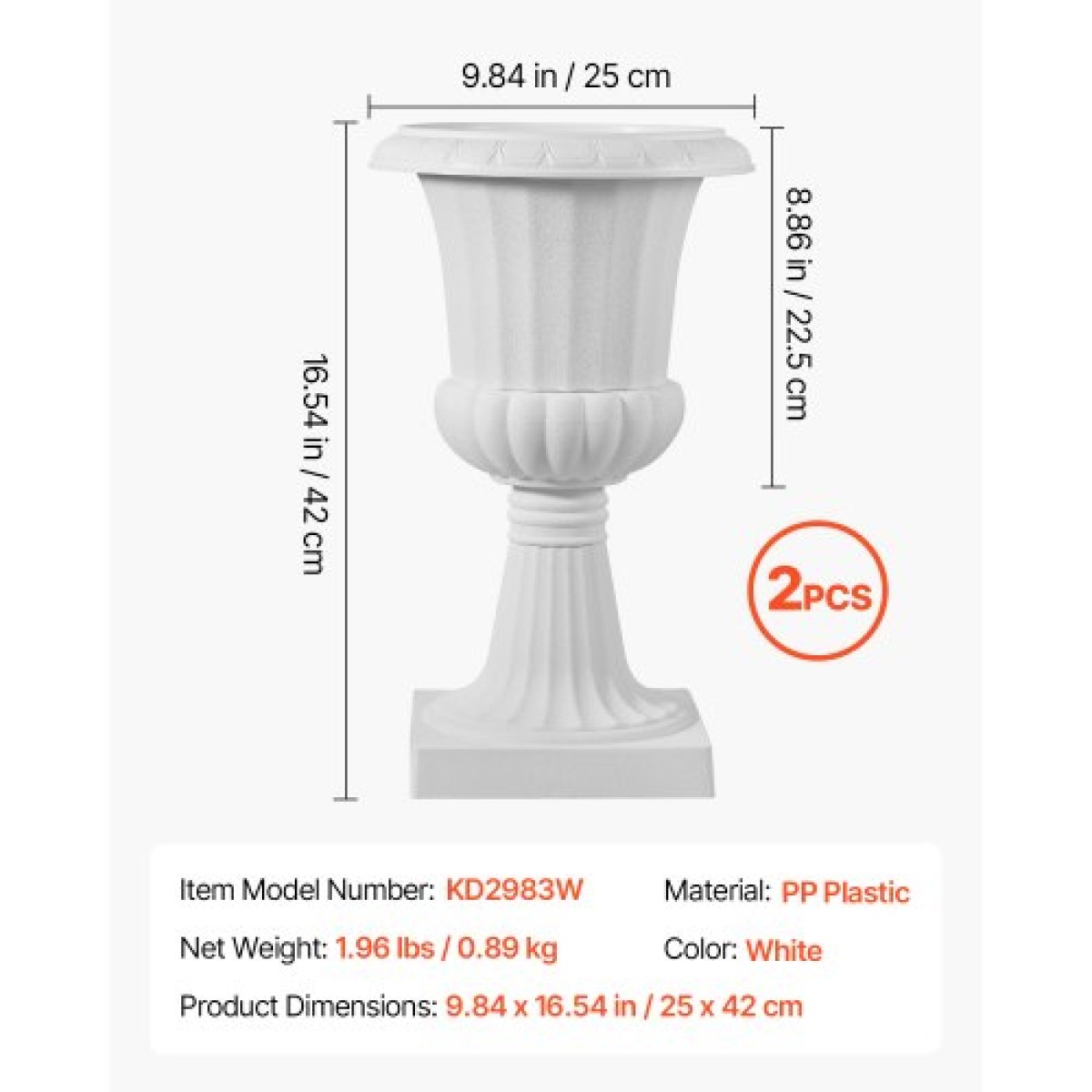 VEVOR Plastic Urn Planters, 25 x 42 cm, 2 Pack Λευκές Κλασικές Γλάστρες Ζαρντινιέρες Μπροστινής Βεράντας, Βάζο Εσωτερικού & Εξωτερικού για Γάμο, Πάρτι, Εκδήλωση, Σπίτι, Σκηνή, Κήπο, Μπαλκόνι, Διακόσμηση βεράντας
