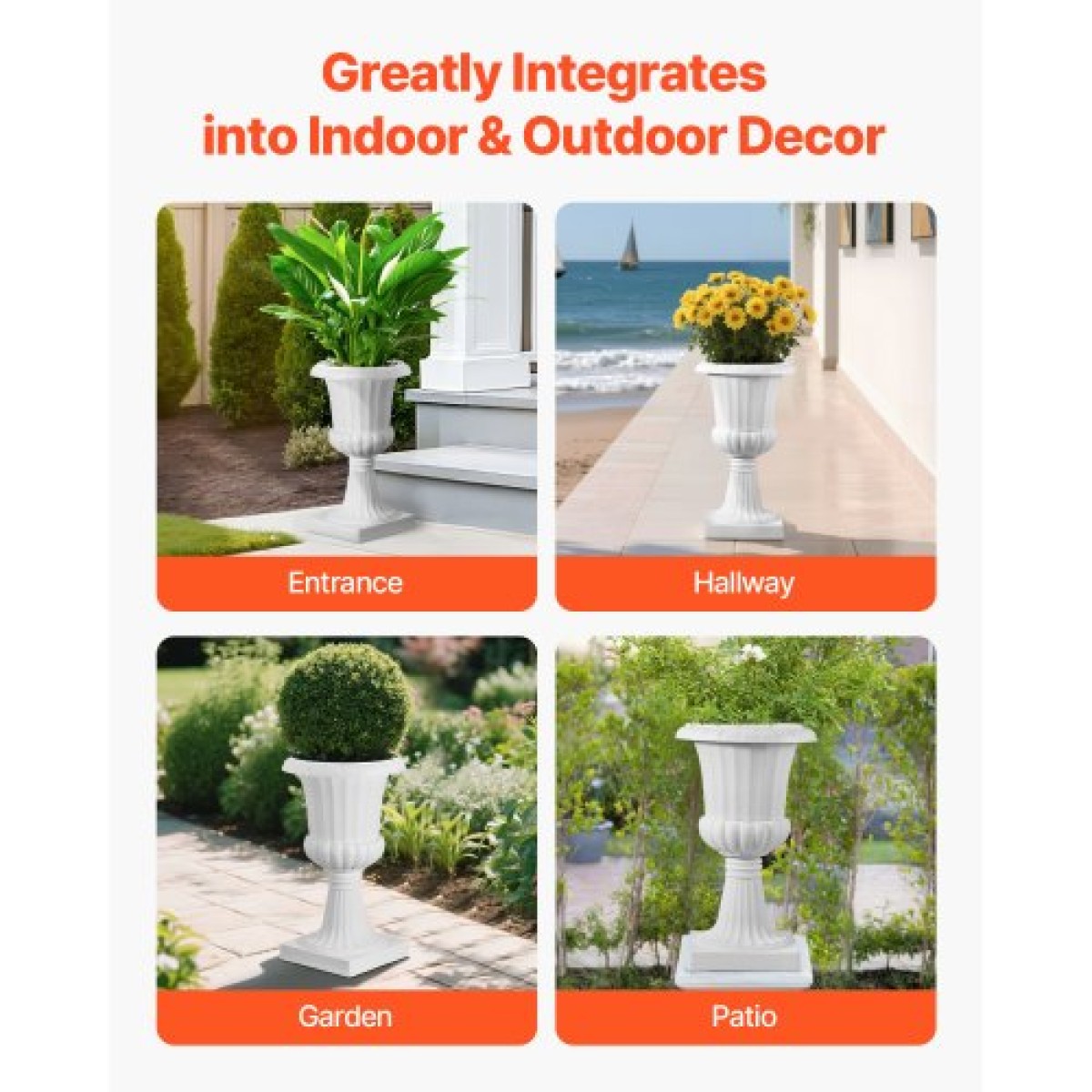 VEVOR Plastic Urn Planters, 25 x 42 cm, 2 Pack Λευκές Κλασικές Γλάστρες Ζαρντινιέρες Μπροστινής Βεράντας, Βάζο Εσωτερικού & Εξωτερικού για Γάμο, Πάρτι, Εκδήλωση, Σπίτι, Σκηνή, Κήπο, Μπαλκόνι, Διακόσμηση βεράντας