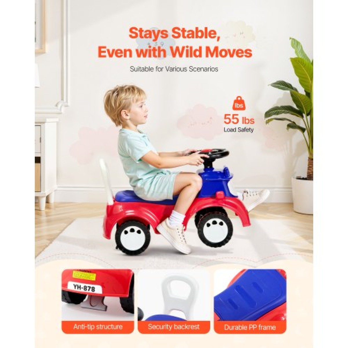 VEVOR Ride On Toddler Push Car, Push Car για νήπια 19 έως 36 μηνών, Kids Ride On Toy με μουσική & χώρο αποθήκευσης κάτω από το κάθισμα, χωρητικότητα φόρτωσης 25 κιλών, πεζόδρομος από πόδι σε πάτωμα για νήπια αγόρια κορίτσια, κόκκινο