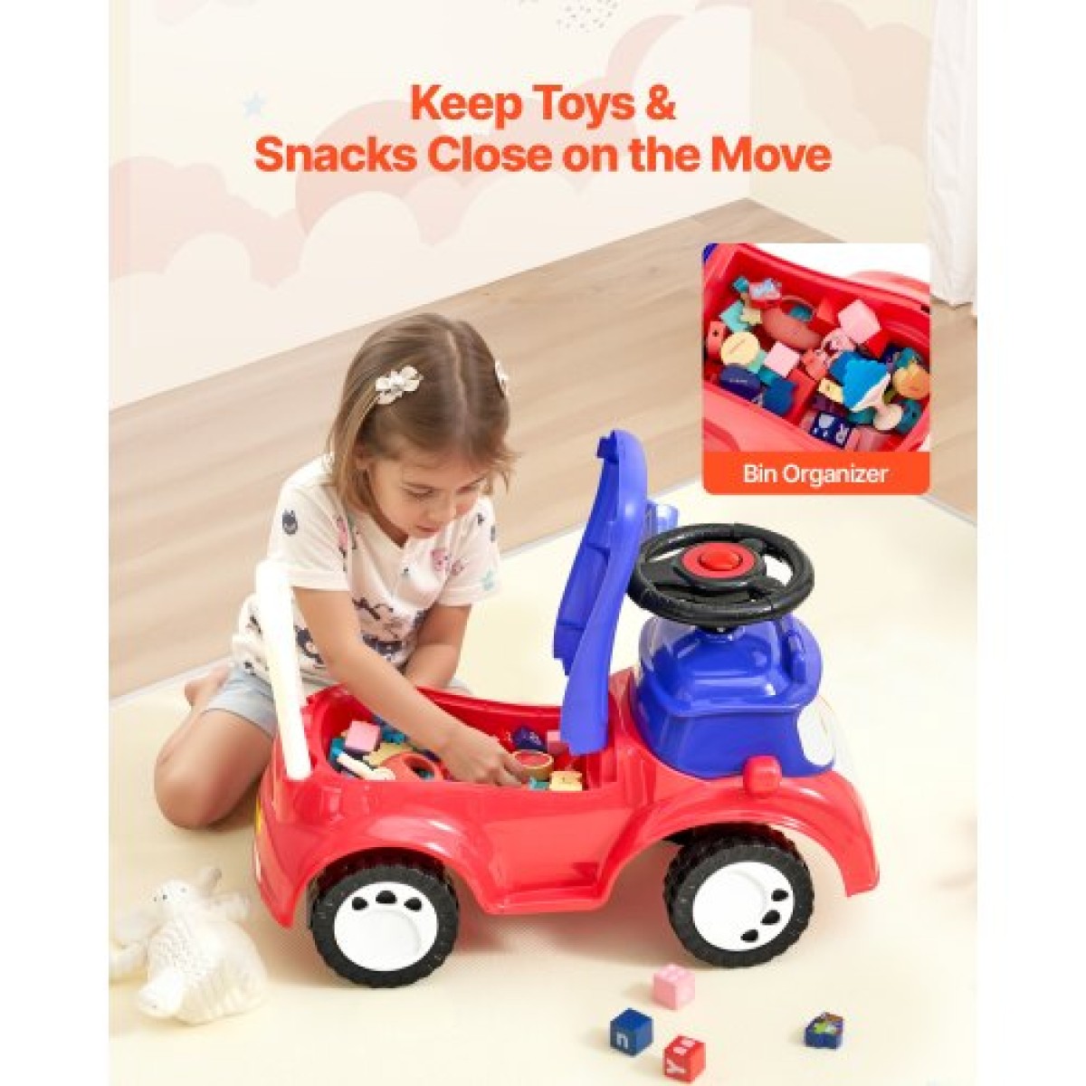 VEVOR Ride On Toddler Push Car, Push Car για νήπια 19 έως 36 μηνών, Kids Ride On Toy με μουσική & χώρο αποθήκευσης κάτω από το κάθισμα, χωρητικότητα φόρτωσης 25 κιλών, πεζόδρομος από πόδι σε πάτωμα για νήπια αγόρια κορίτσια, κόκκινο