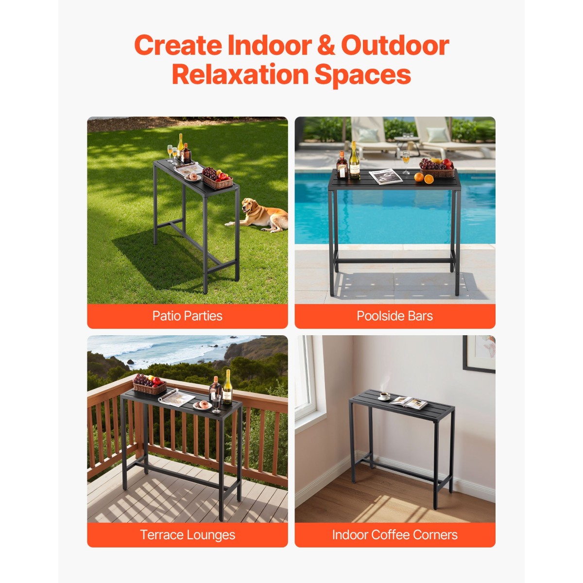 VEVOR Τραπέζι Bar Outdoor, 100 x 37,5 cm Τραπέζι Bar Patio, Αδιάβροχο Κορυφαίο & στιβαρό μεταλλικό σκελετό, Ορθογώνιο πάγκο Ύψος Τραπεζαρίες, Έπιπλα εξωτερικού χώρου για Μπαλκόνι, Αυλή, Υδρομασάζ, Δίπλα στην πισίνα, Εσωτερικό