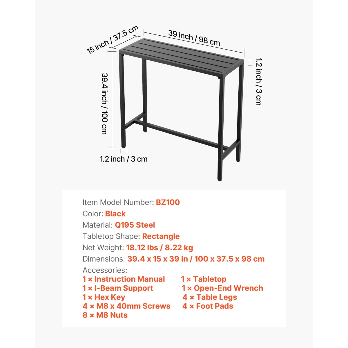 VEVOR Τραπέζι Bar Outdoor, 100 x 37,5 cm Τραπέζι Bar Patio, Αδιάβροχο Κορυφαίο & στιβαρό μεταλλικό σκελετό, Ορθογώνιο πάγκο Ύψος Τραπεζαρίες, Έπιπλα εξωτερικού χώρου για Μπαλκόνι, Αυλή, Υδρομασάζ, Δίπλα στην πισίνα, Εσωτερικό