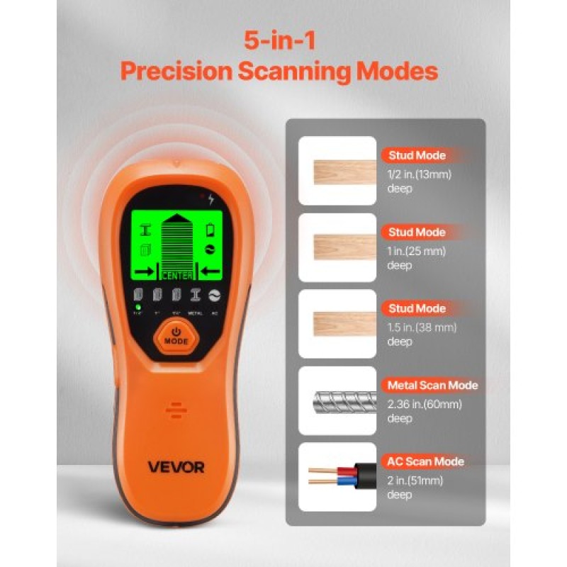 Σαρωτής τοίχου VEVOR Stud Finder, 5 σε 1, Ηλεκτρονικός ανιχνευτής τοίχου με έξυπνο αισθητήρα, οθόνη LCD υψηλής ευκρίνειας και ηχητικός συναγερμός, για το κέντρο και την άκρη του μετάλλου, καλώδιο AC, δοκούς, σωλήνες, πορτοκαλί