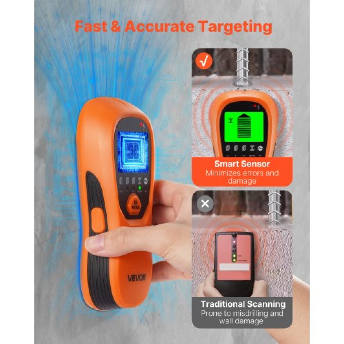 Σαρωτής τοίχου VEVOR Stud Finder, 5 σε 1, Ηλεκτρονικός ανιχνευτής τοίχου με έξυπνο αισθητήρα, οθόνη LCD υψηλής ευκρίνειας και ηχητικός συναγερμός, για το κέντρο και την άκρη του μετάλλου, καλώδιο AC, δοκούς, σωλήνες, πορτοκαλί