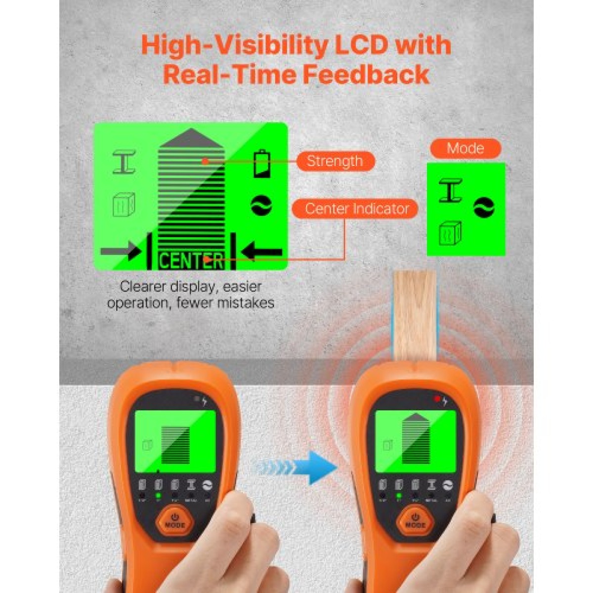 Σαρωτής τοίχου VEVOR Stud Finder, 5 σε 1, Ηλεκτρονικός ανιχνευτής τοίχου με έξυπνο αισθητήρα, οθόνη LCD υψηλής ευκρίνειας και ηχητικός συναγερμός, για το κέντρο και την άκρη του μετάλλου, καλώδιο AC, δοκούς, σωλήνες, πορτοκαλί