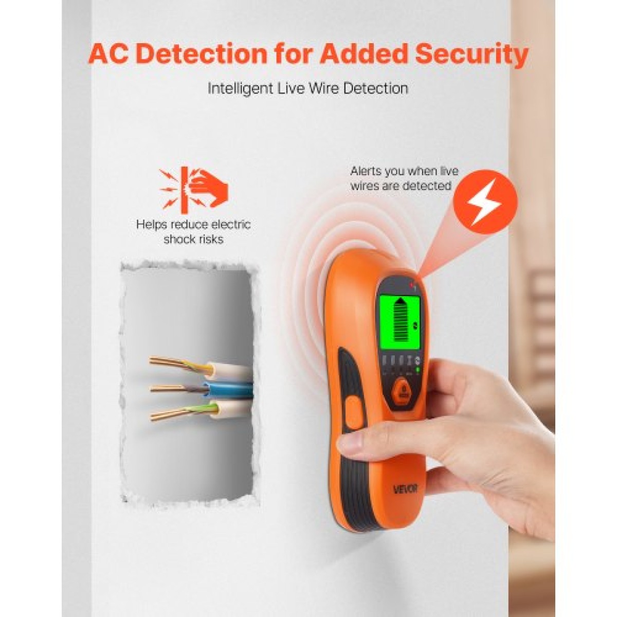 Σαρωτής τοίχου VEVOR Stud Finder, 5 σε 1, Ηλεκτρονικός ανιχνευτής τοίχου με έξυπνο αισθητήρα, οθόνη LCD υψηλής ευκρίνειας και ηχητικός συναγερμός, για το κέντρο και την άκρη του μετάλλου, καλώδιο AC, δοκούς, σωλήνες, πορτοκαλί