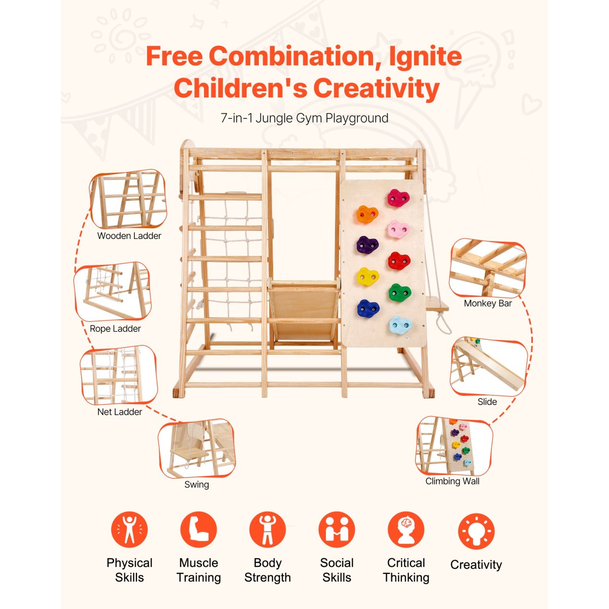 VEVOR Indoor Jungle Gym, 7-σε-1 Παιδική χαρά εσωτερικού χώρου, 120 x 147 x 142 cm, με σκάλα ξύλου και σχοινιού, σκάλα δίχτυ, κούνια, πιθήκου μπαρ, τσουλήθρα, τοίχο αναρρίχησης, ξύλινα παιχνίδια αναρρίχησης εσωτερικού χώρου για παιδιά